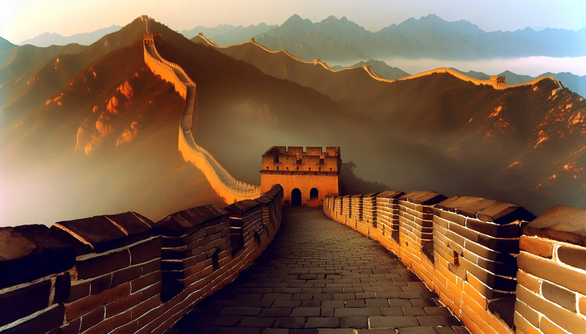 Scenic view of the Great Wall of China stretching across mountainous terrain in golden hour lighting