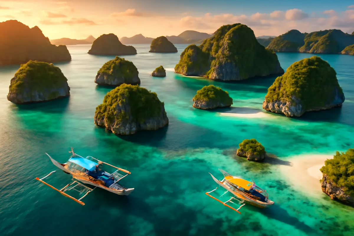 Aerial view of tropical Philippine islands with turquoise waters, traditional bangka boats, and pristine beaches during golden hour