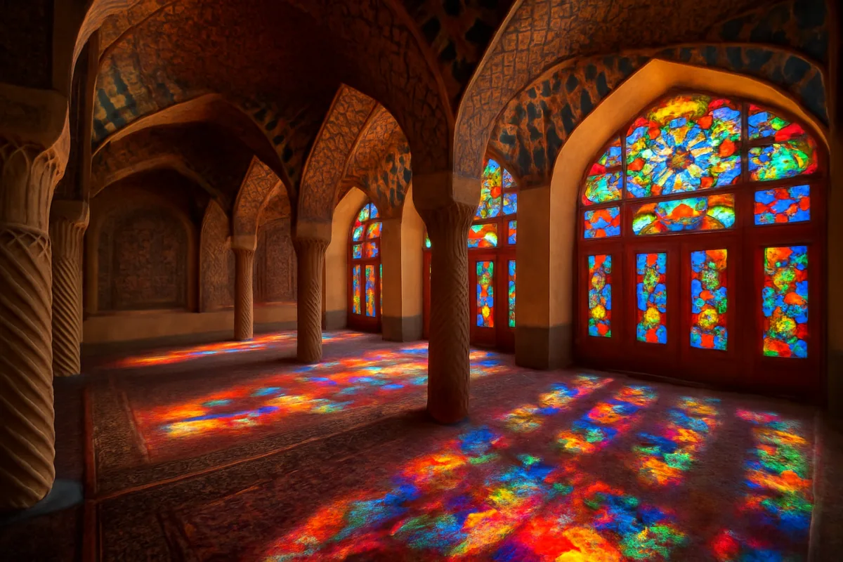 Interior view of an ornate Persian mosque with colorful stained glass windows creating beautiful light patterns on traditional Islamic architecture and detailed tilework
