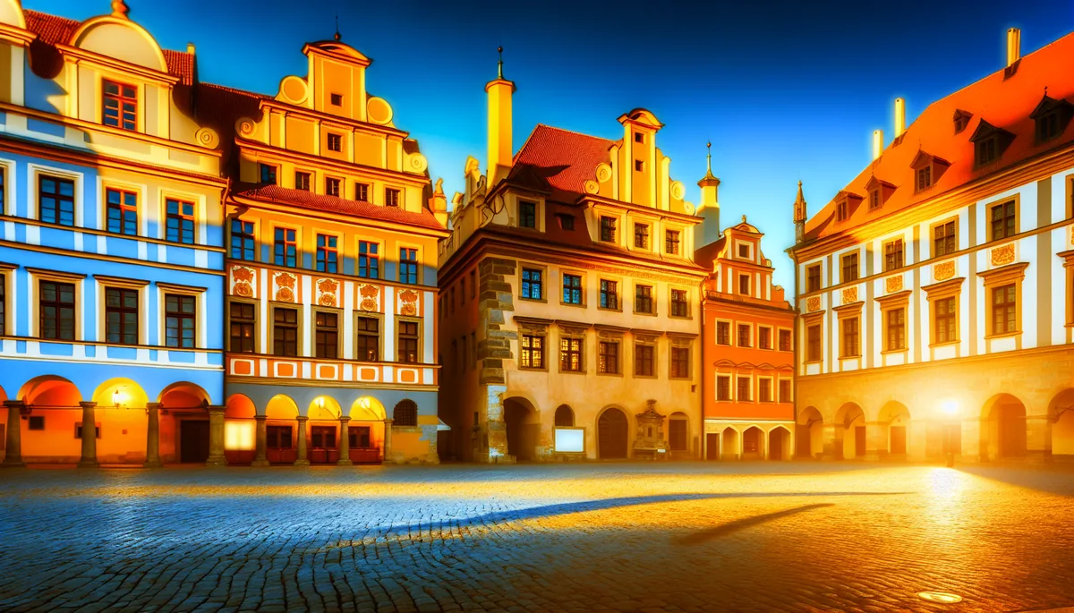 Historic European city square with colorful baroque buildings and cobblestone streets during golden hour