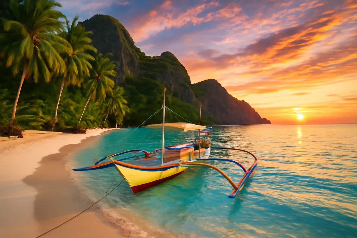 Scenic view of a pristine Philippine beach with turquoise waters, a traditional bangka boat, white sand, palm trees, and limestone cliffs during golden hour