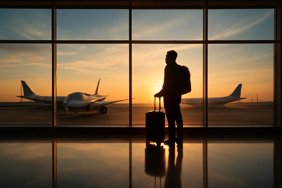 A silhouetted traveler with luggage standing at an international airport terminal window, watching planes on the tarmac during golden hour with warm amber light filling the space.