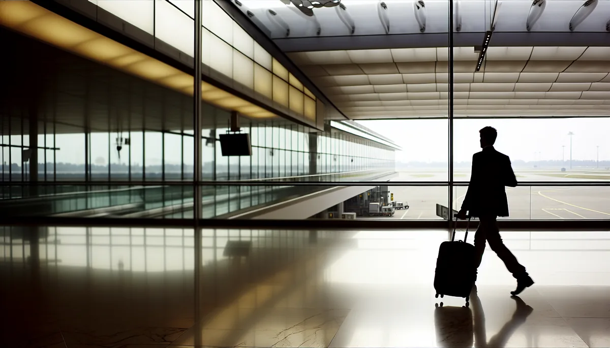 Modern Italian airport departure terminal with large windows, natural lighting, and a traveler's silhouette walking with luggage toward the boarding area