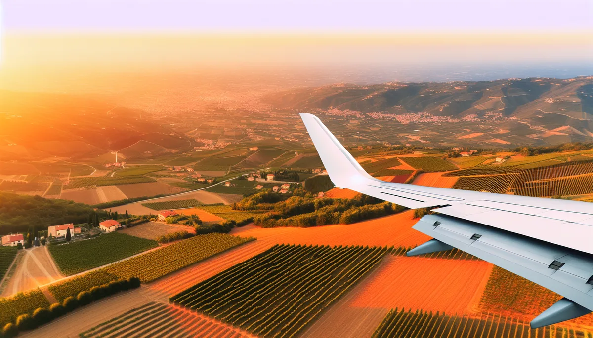 View from airplane window showing Italian countryside with rolling hills and vineyards during golden hour takeoff