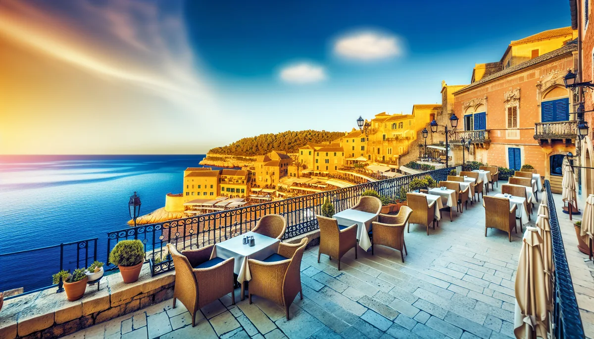 Scenic Mediterranean coastal view from a European cafe terrace during golden hour, showing blue waters and charming architecture