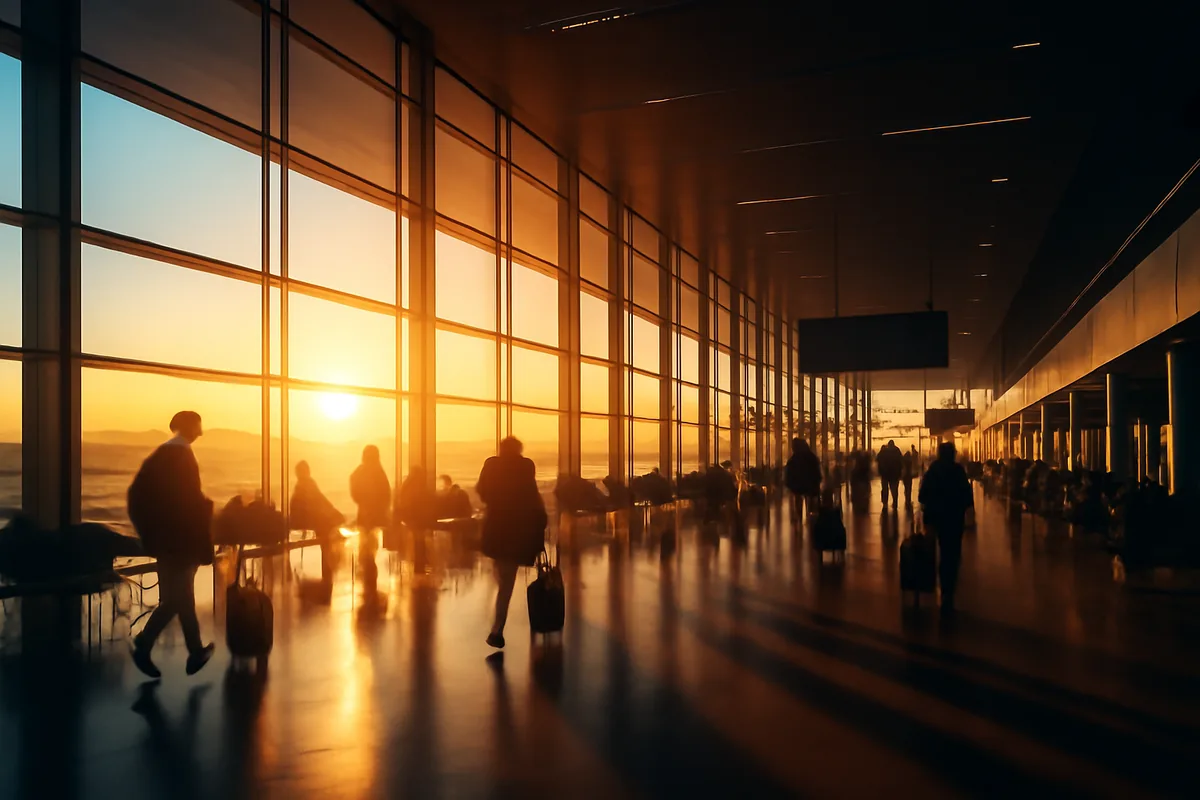 A modern international airport terminal bathed in warm golden light, with expansive floor-to-ceiling windows and distant traveler silhouettes, evoking the excitement of international travel.