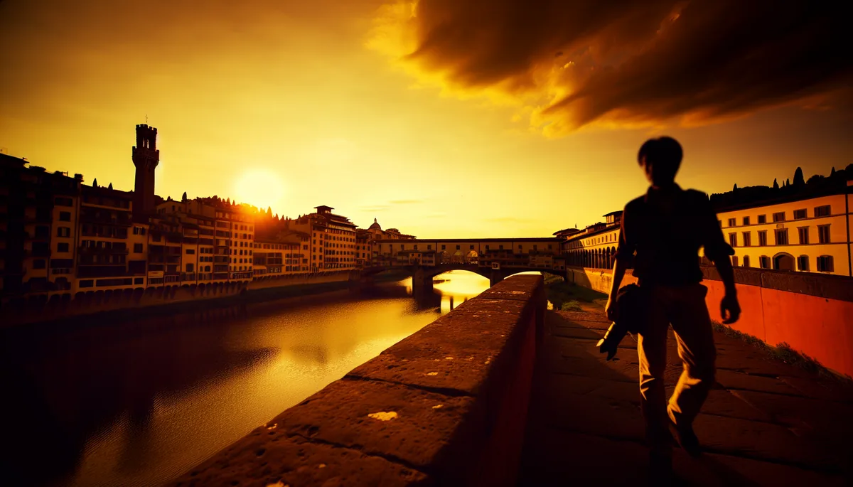 Silhouette of a traveler standing on a bridge overlooking Florence, Italy at sunset with the city's historic architecture and the Arno River in the background