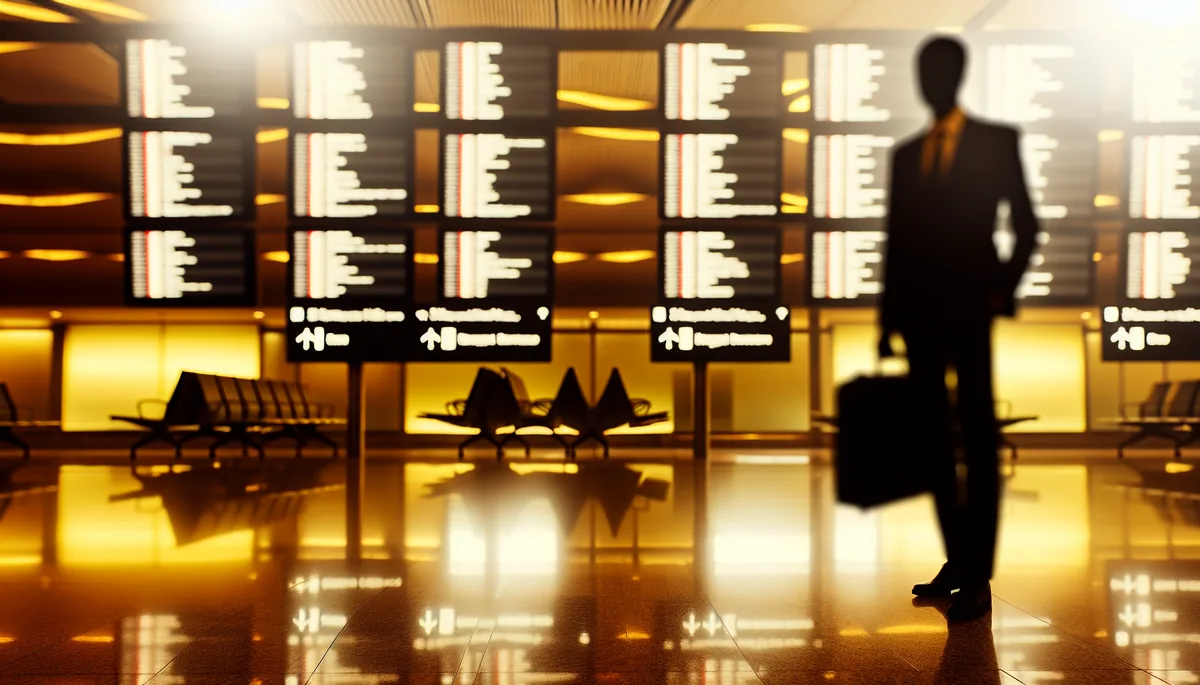 Silhouette of a business traveler standing in a modern airport terminal with departure boards and warm lighting in the background