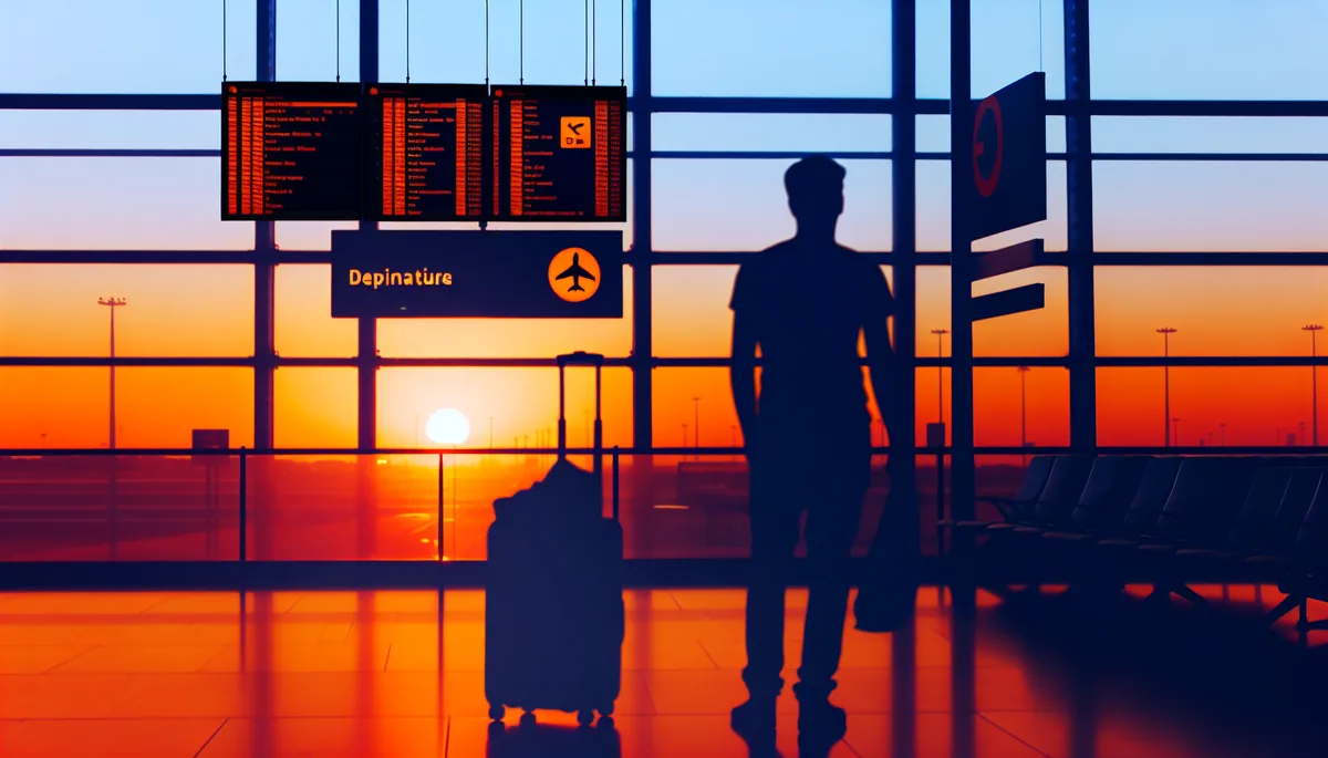 Silhouette of a traveler with luggage at an airport departure gate during golden hour, with blurred international destination signs in the background