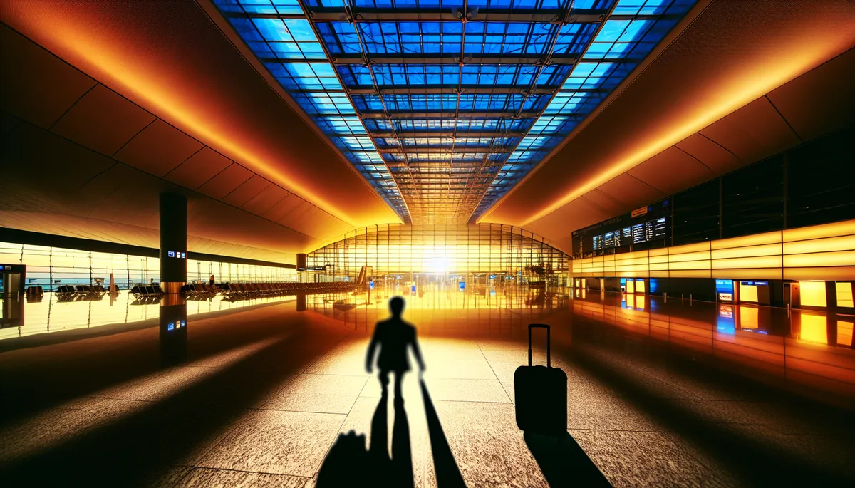 Silhouette of a traveler at an airport departure gate with modern terminal architecture and dramatic lighting