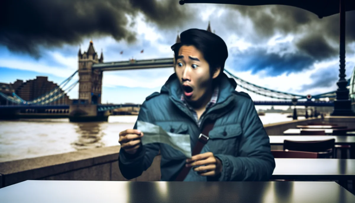 Traveler's silhouette reviewing a bill at a European cafe with London Bridge visible in the background under dramatic cloudy skies