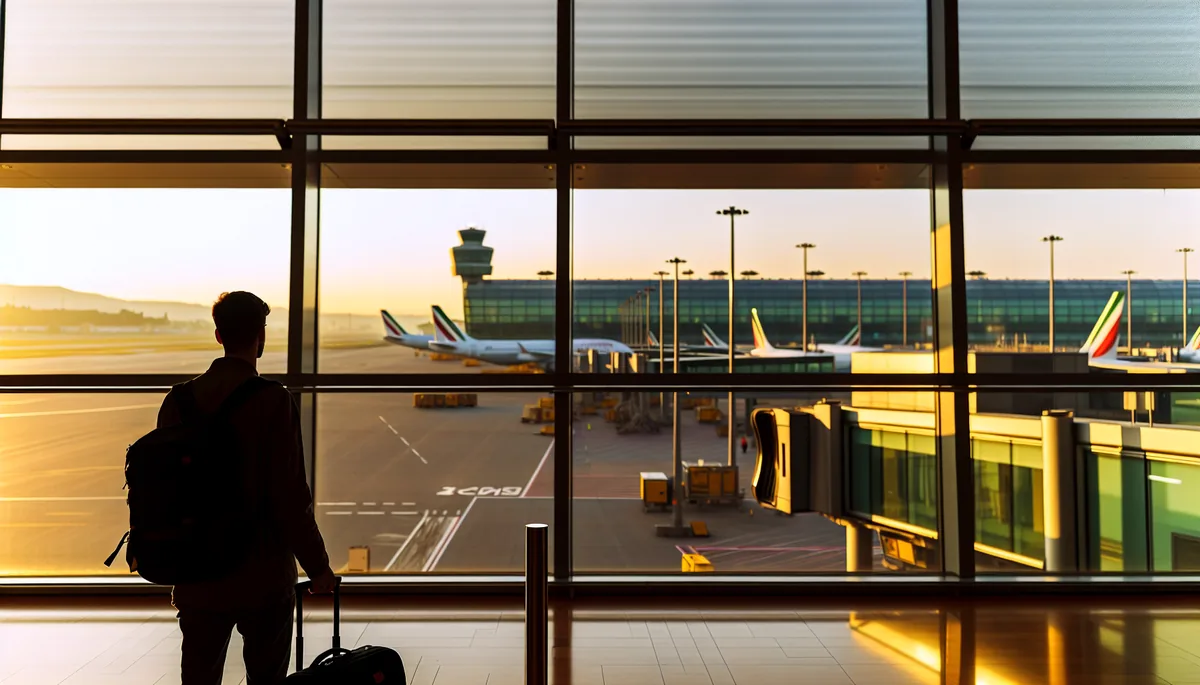 Silhouette of a traveler at an airport departure gate with planes visible through large windows during golden hour