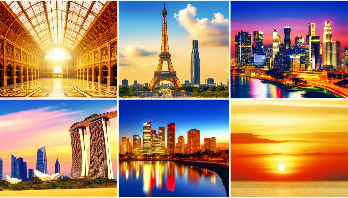 Panoramic travel photography showing iconic destinations including European landmarks, Asian cityscapes, American skylines, and tropical beaches under golden sunset lighting