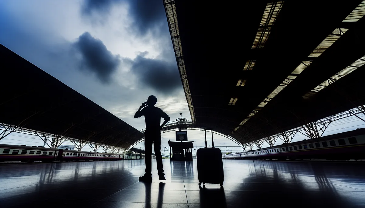 Silhouette of a traveler with luggage standing on a European train station platform under dramatic cloudy skies