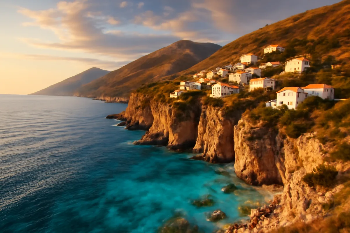 Panoramic view of the Albanian Riviera coastline with turquoise waters, dramatic cliffs, and a traditional hillside village bathed in golden hour sunlight.