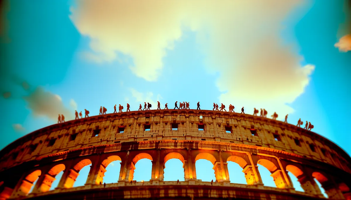 Golden hour view of the Roman Colosseum with tourists exploring the ancient amphitheater under a dramatic sky