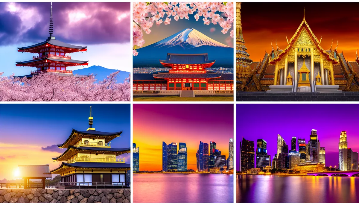 Panoramic view showcasing iconic Asian destinations including Mount Fuji with cherry blossoms, a golden Thai temple, and Singapore's modern skyline at sunset