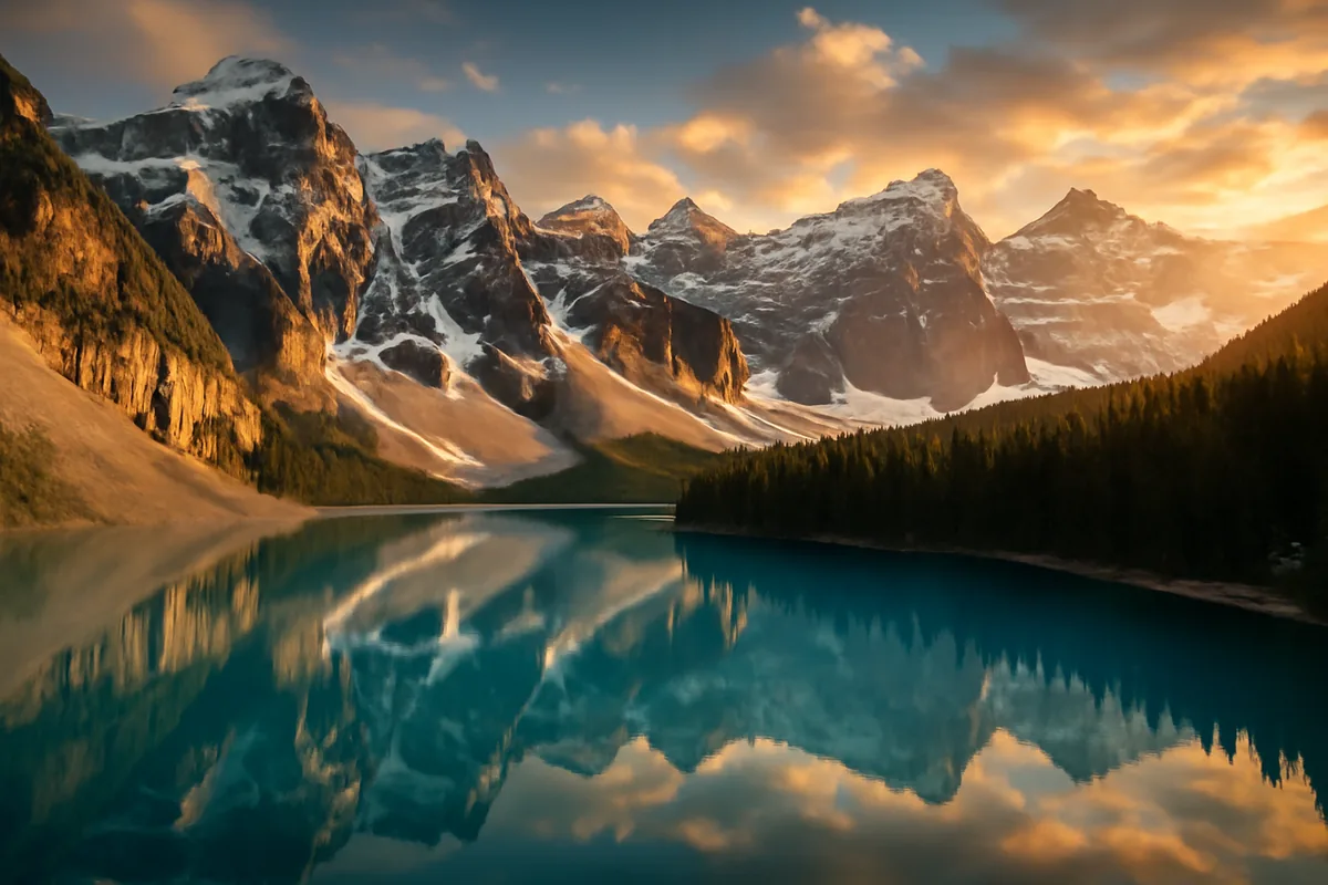 A stunning panoramic view of a turquoise glacial lake surrounded by snow-capped Rocky Mountains and dense pine forests in Canada, bathed in warm golden hour light.