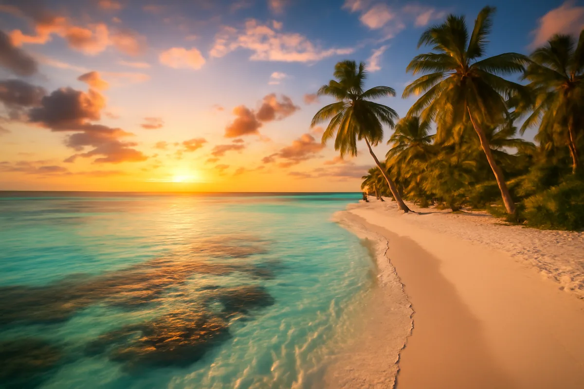 Stunning Caribbean beach with crystal clear turquoise waters, white sand, and palm trees swaying in the tropical breeze during golden hour