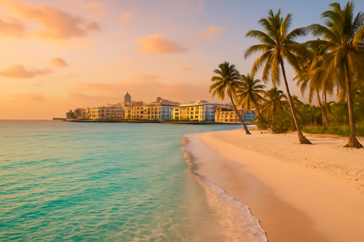 Beautiful Caribbean beach scene with turquoise waters, white sand, palm trees, and colorful colonial buildings in the background during golden hour