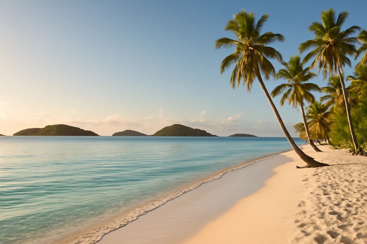 Stunning Caribbean seascape showing turquoise waters, white sandy beach with palm trees, and distant tropical islands under golden sunlight