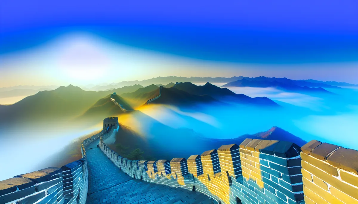 Panoramic view of the Great Wall of China snaking through mountainous landscape in misty morning light