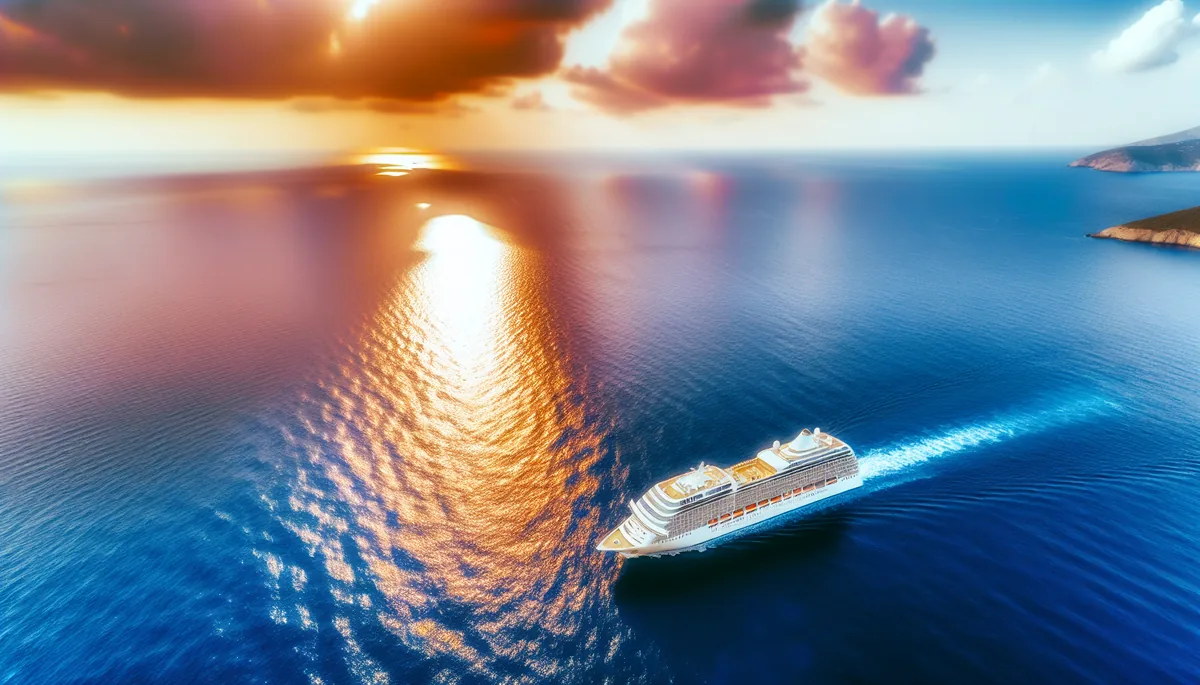 Aerial view of a luxury cruise ship sailing through crystal clear blue Mediterranean waters during golden hour