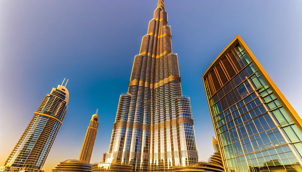 Dubai skyline featuring the Burj Khalifa and modern skyscrapers at sunset with golden lighting