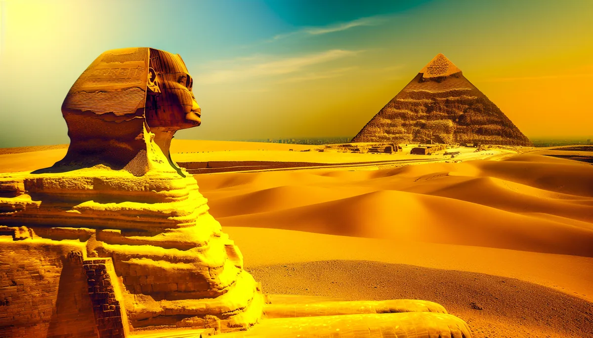 Majestic view of the Great Pyramid of Giza and the Sphinx at sunset, with golden desert sands and dramatic lighting highlighting Egypt's ancient monuments