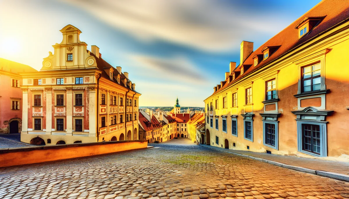 Historic European city square with colorful baroque buildings and cobblestone streets bathed in warm golden hour sunlight