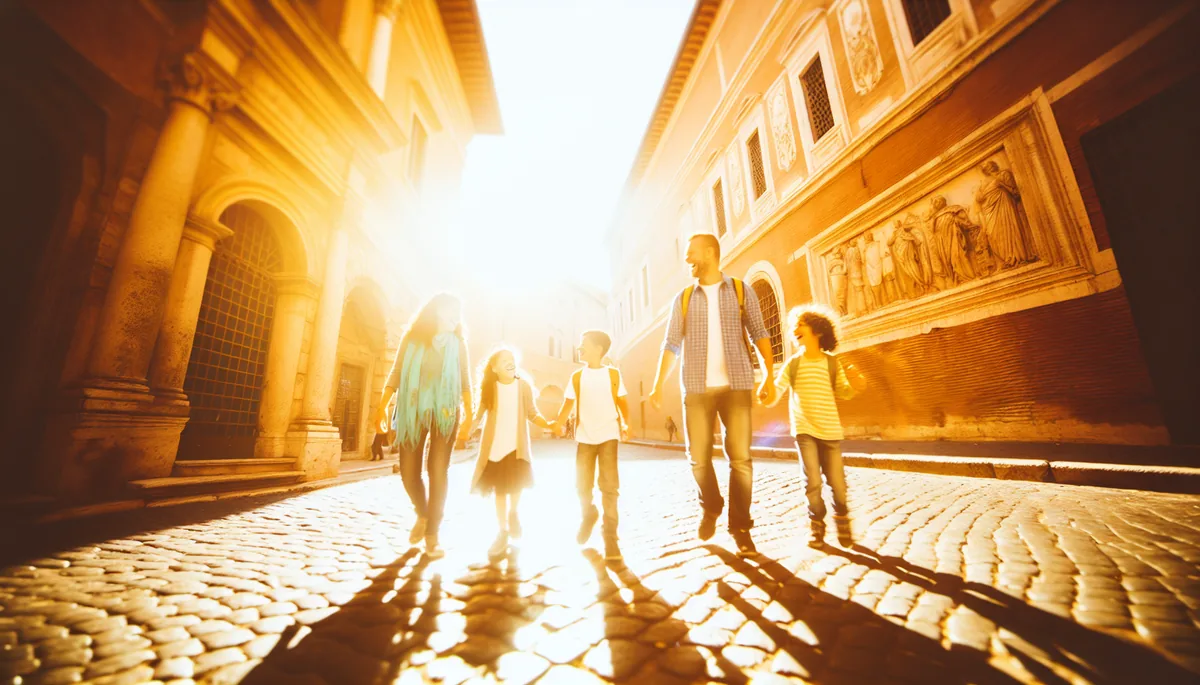 Family silhouettes walking together on a picturesque Italian cobblestone street during golden hour, with historic architecture and warm lighting creating an inviting travel scene