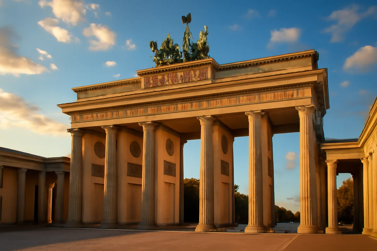 The Brandenburg Gate in Berlin illuminated by golden hour sunlight, showing the neoclassical architecture with its distinctive columns and chariot sculpture on top against a blue sky