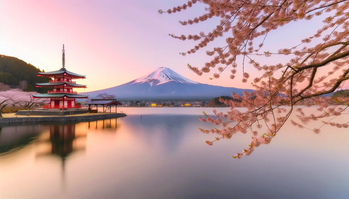 Mount Fuji at sunrise with a traditional Japanese pagoda and cherry blossoms in the foreground, reflected in a calm lake