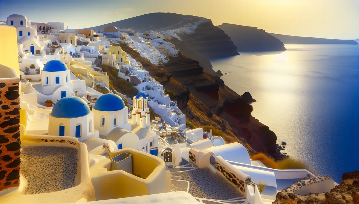 Stunning sunset view of traditional white and blue Greek architecture perched on Santorini cliffs overlooking the deep blue Aegean Sea