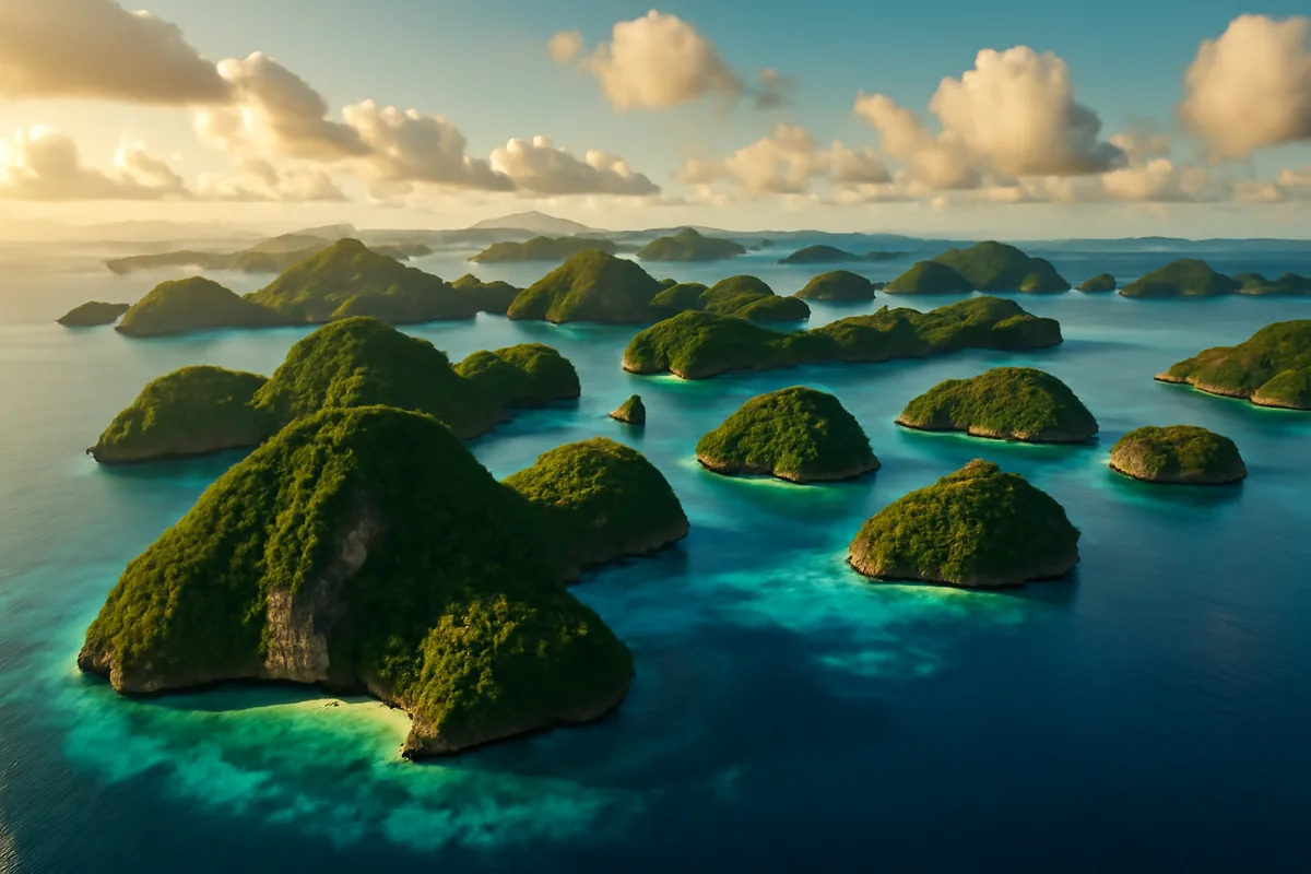 Aerial panoramic view of the Indonesian archipelago showing lush green tropical islands surrounded by turquoise and deep blue ocean waters under warm golden hour light