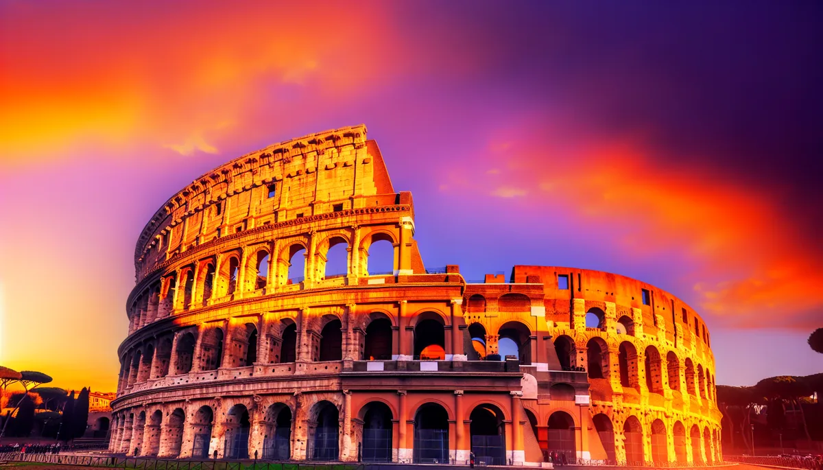 Golden hour view of the Roman Colosseum with warm sunset lighting and distant tourists exploring the ancient amphitheater