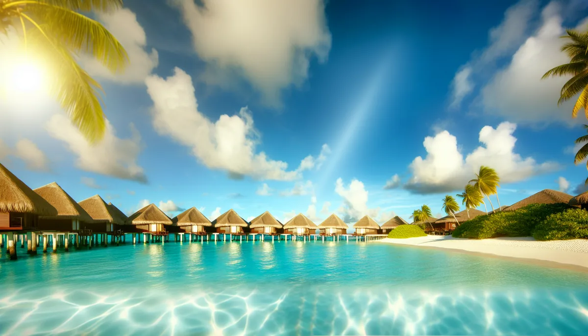 Overwater bungalows with traditional thatched roofs extending into crystal clear turquoise waters of a Maldivian lagoon, with white sandy beach and palm trees in the foreground under a bright tropical sky