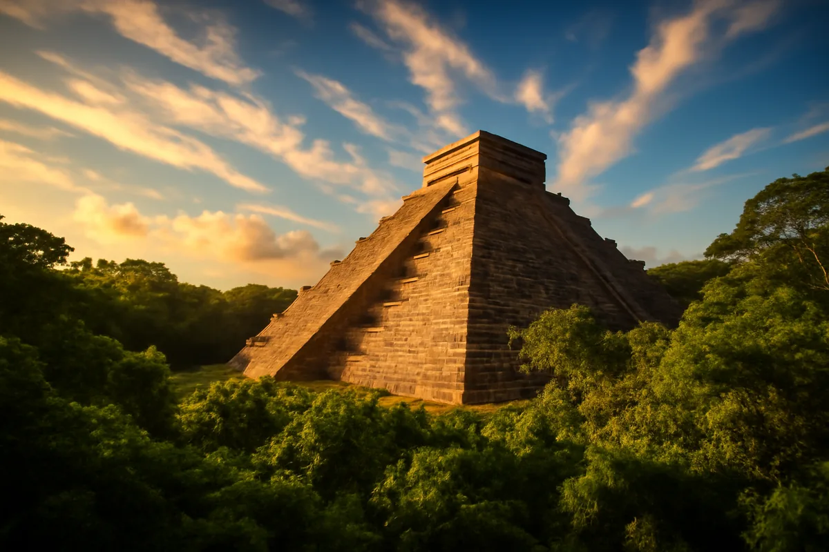 Ancient Mayan pyramid surrounded by dense jungle under a golden sky at sunset in Mexico