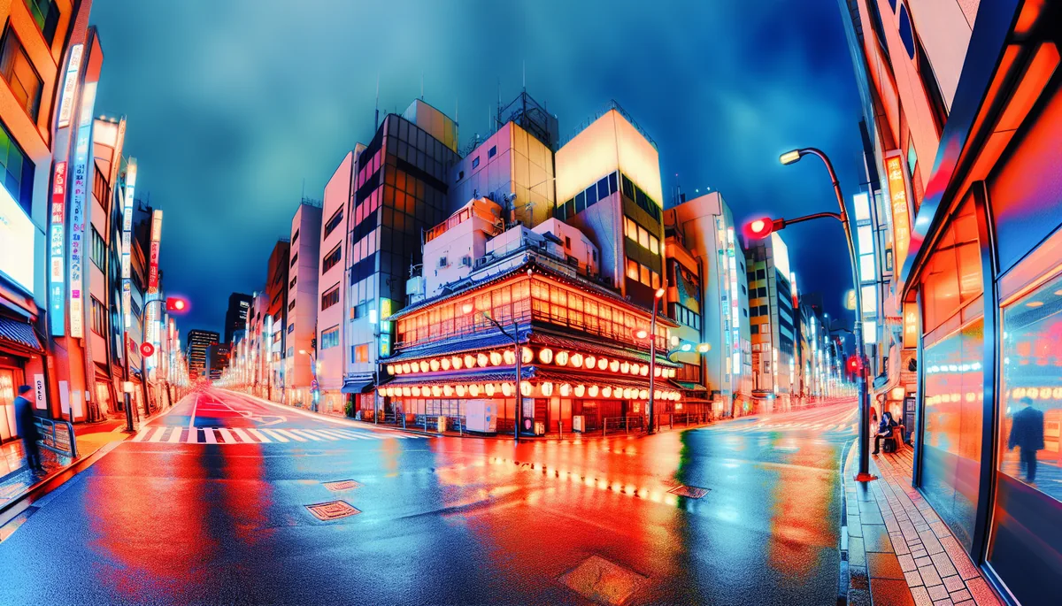 Evening view of a bustling Tokyo street intersection with traditional and modern architecture, neon lights reflecting on wet pavement