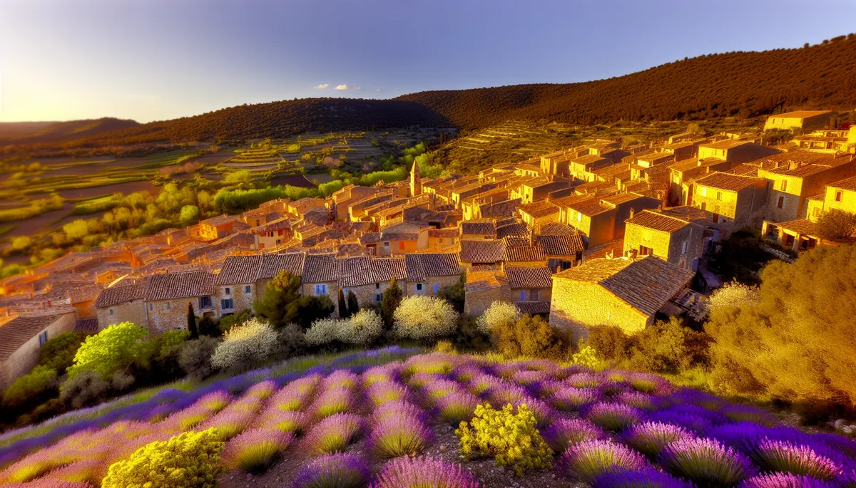 Spring Mediterranean village with blooming flowers and traditional stone architecture during golden hour