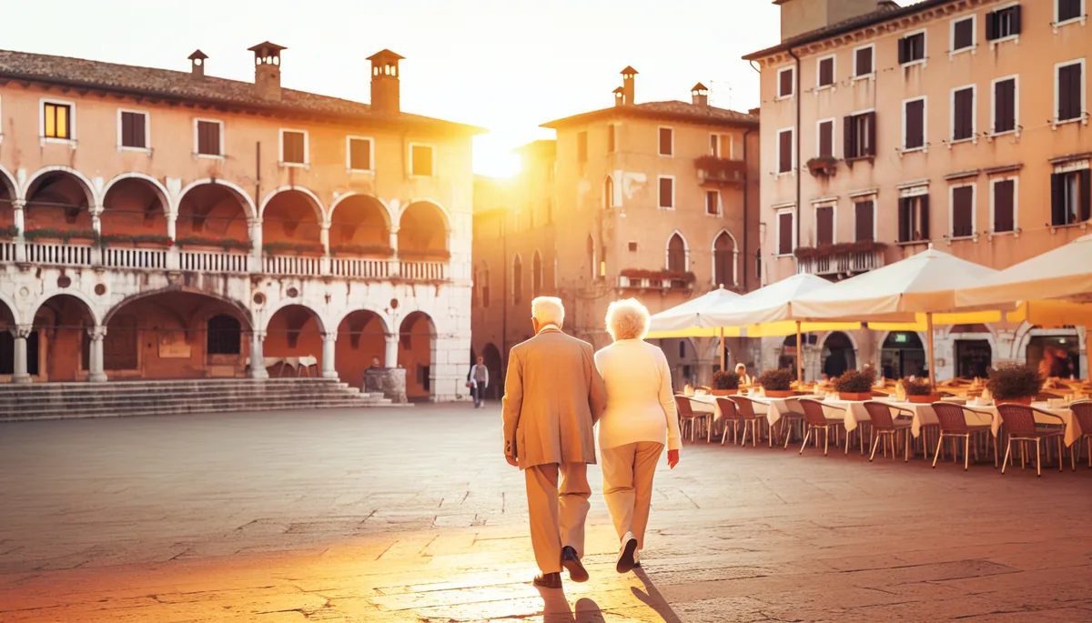 Senior couple walking together through a beautiful Italian town square at golden hour, with historic architecture and warm lighting creating an inviting travel atmosphere