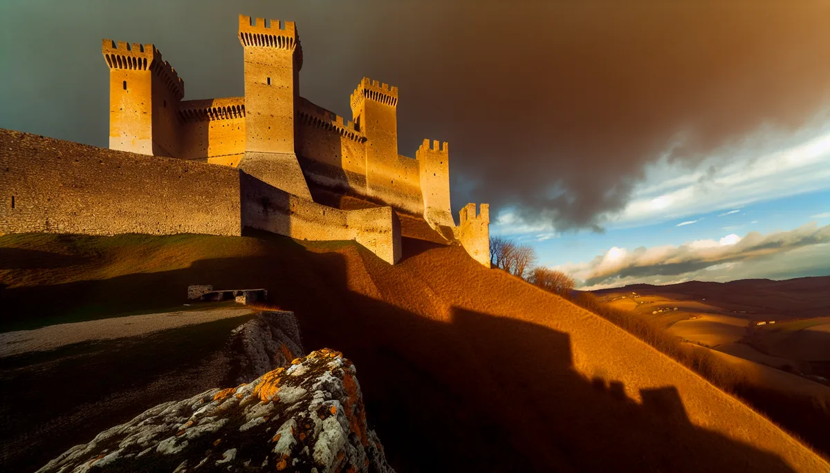 Ancient Italian fortress on a hilltop with stone walls and towers against a dramatic sky, symbolizing security and protection