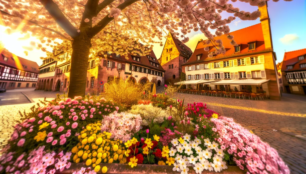 Spring blooms frame a picturesque European town square with medieval buildings and cobblestone streets bathed in golden sunlight