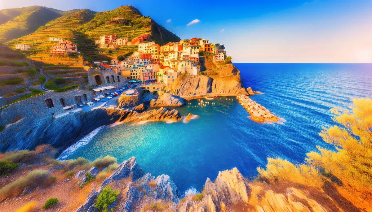 Scenic panoramic view of the Italian coastline featuring dramatic cliffs, azure Mediterranean waters, and a picturesque coastal village with colorful houses on a hillside during golden hour