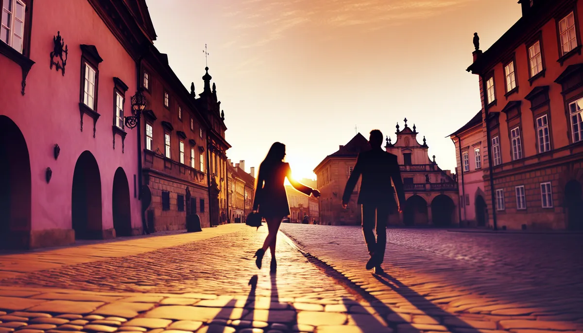 Romantic couple silhouettes walking together through charming European cobblestone streets during golden hour with historic architecture