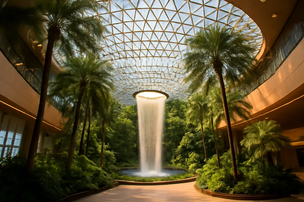 Grand modern airport terminal featuring a lush indoor tropical garden with tall palm trees, a cascading waterfall, and a dramatic glass and steel ceiling bathed in warm natural light