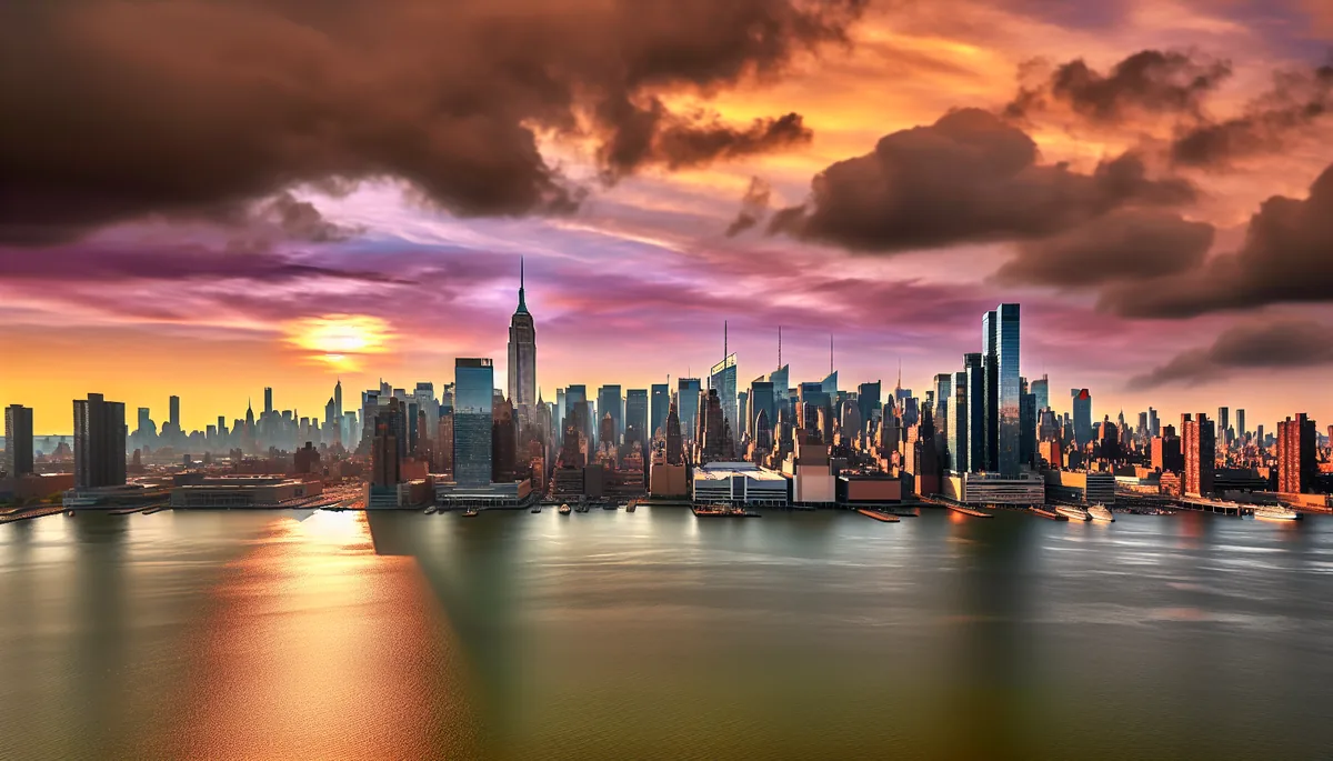 Manhattan skyline at sunset with skyscrapers reflecting in the Hudson River, featuring warm golden and purple lighting