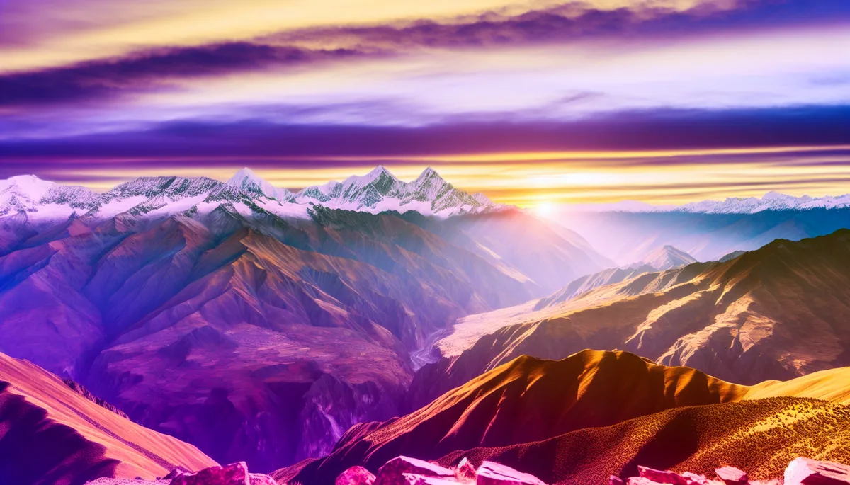 Majestic Andes mountain range at sunset with snow-capped peaks and golden sky over the South American landscape