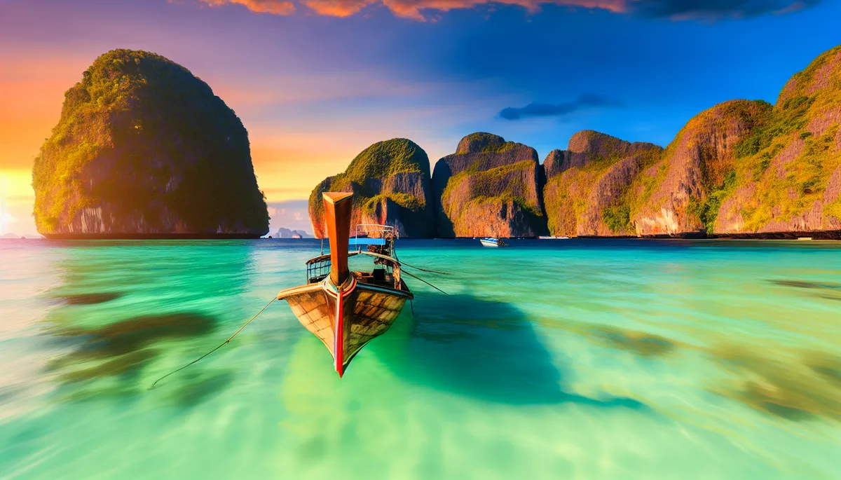 Traditional Thai longtail boat in turquoise waters surrounded by towering limestone cliffs at Phi Phi Islands during golden hour