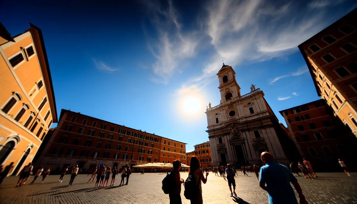 Silhouettes of travelers viewing a classic Italian architectural landmark in warm golden sunlight with blue Mediterranean sky